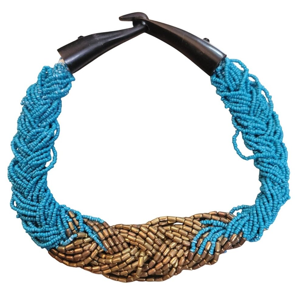 Rosena Sammi Braided Beaded Necklace Horn Clasp Blue Gold Tone Bohemian Handmade